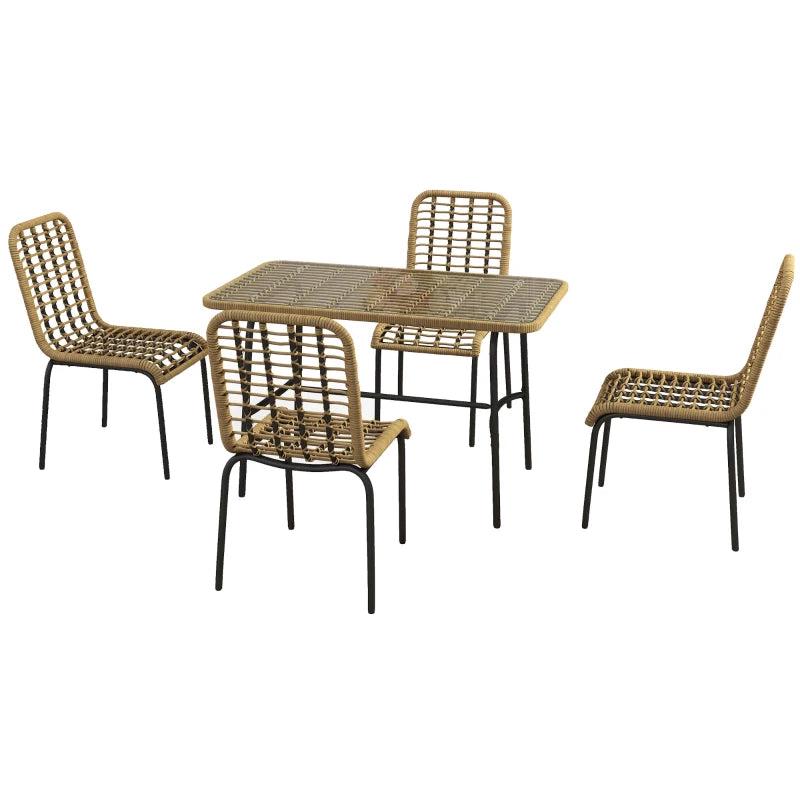 5-Piece Rattan Garden Dining Set with Glass Tabletop - Natural Wood