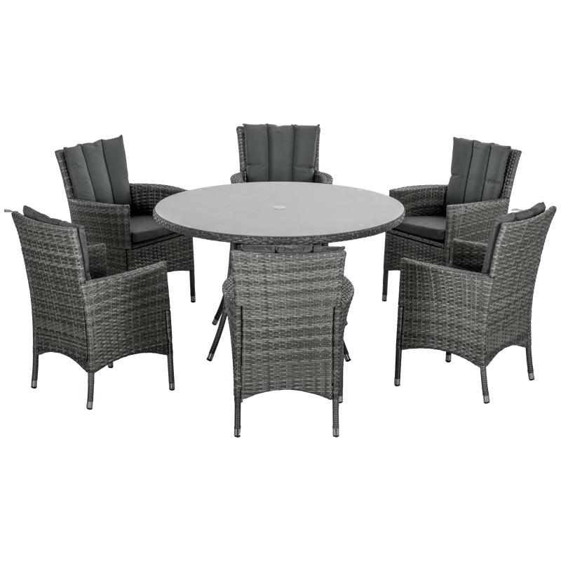 7-Piece Rattan Dining Set with Round Glass Table - Brown
