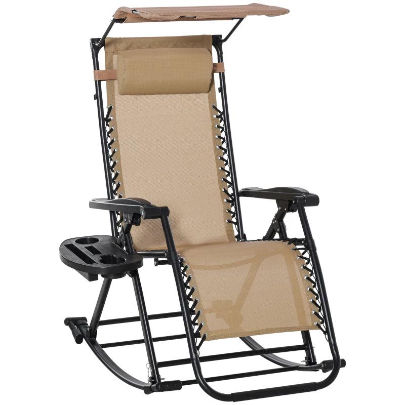 Beige Folding Rocking Sun Lounger Chair with Headrest and Side Holder
