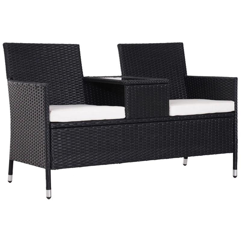 Black Rattan 2-Seater Chair Set with Middle Tea Table