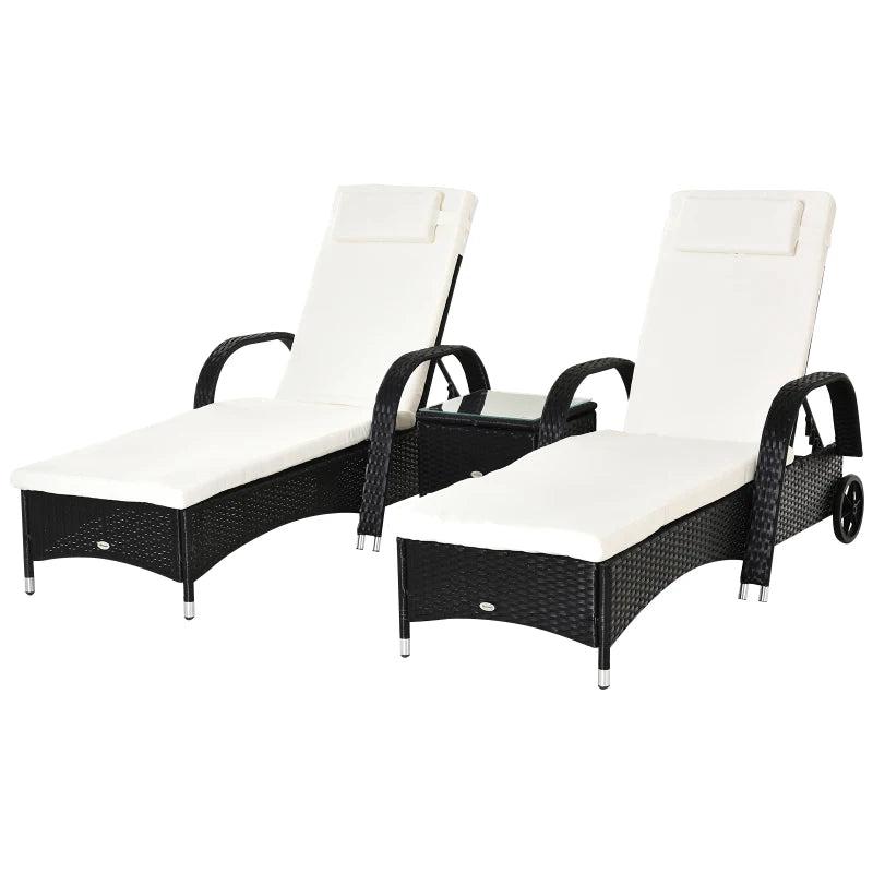 Black Rattan 2-Seater Sun Lounger Set with Side Table