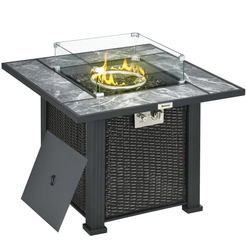 Black Rattan Gas Fire Pit Table with Marble Desktop and Glass Windscreen