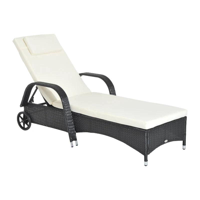 Black Rattan Sun Lounger with Adjustable Headrest and Cushion