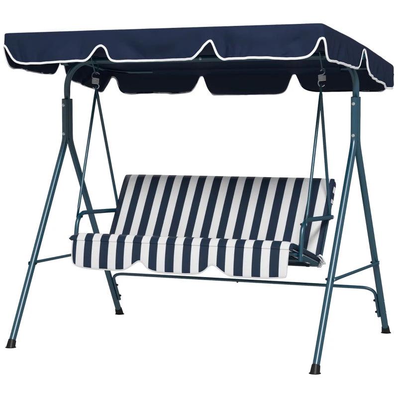 Blue Striped 3-Seater Garden Swing Chair with Adjustable Canopy