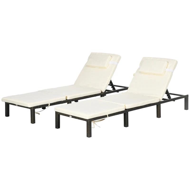 Brown/Cream Reclining Rattan Sun Loungers Set with Cushions