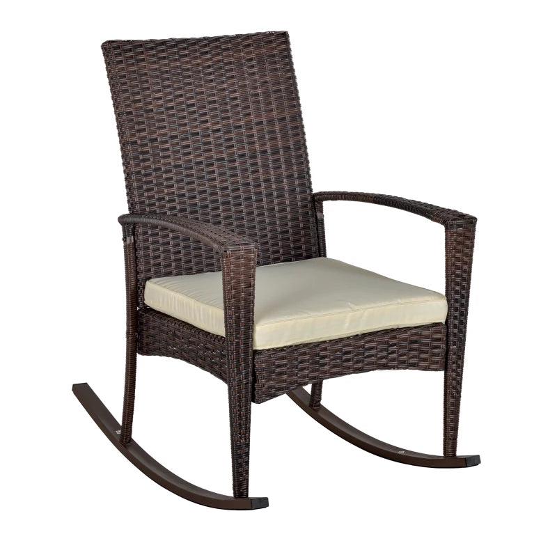 Brown Rattan Garden Rocking Chair with Armrest and Cushion