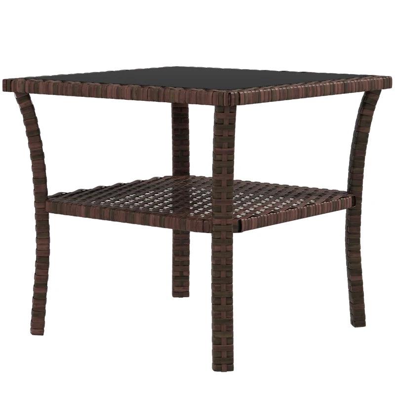 Brown Rattan Glass Top Patio Side Table - 50cm