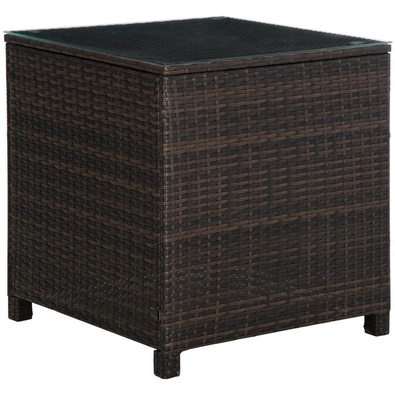 Brown Rattan Patio Side Table with Tempered Glass Top