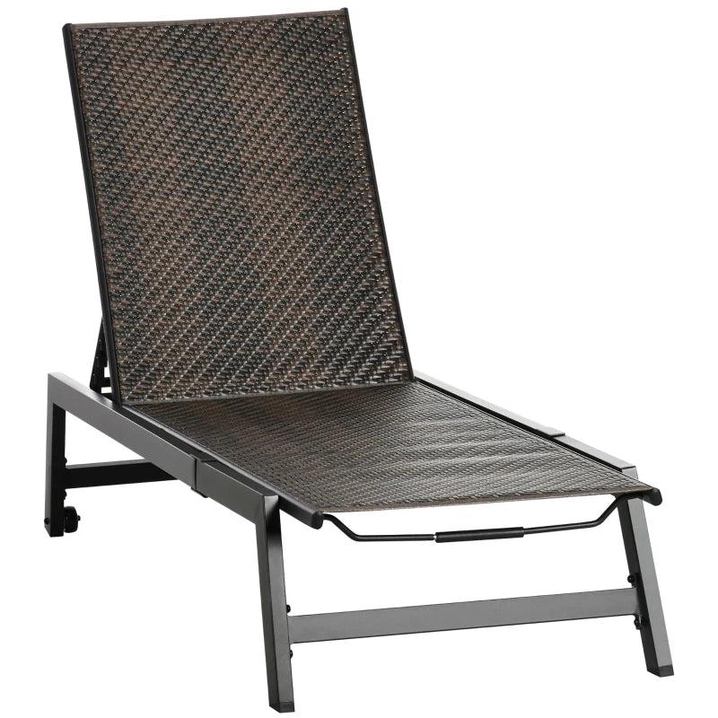 Brown Rattan Patio Sun Lounger with 5-Position Backrest and Wheels