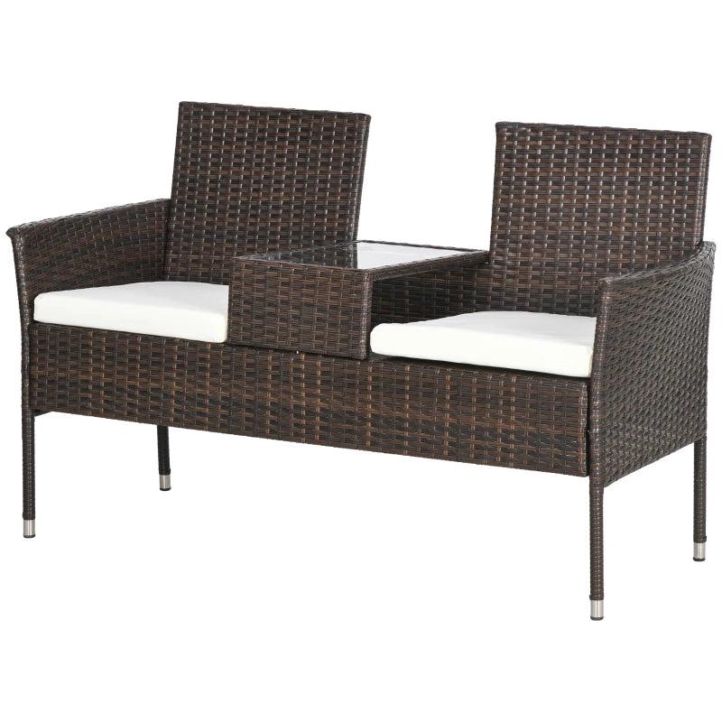 Brown Rattan Two-Seat Chair with Middle Table