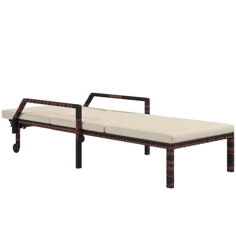 Rattan Wicker Outdoor Sun Lounger - Grey, Adjustable Backrest, 2 Wheels