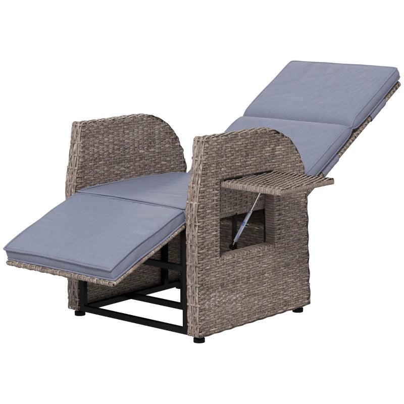 Reclining Rattan Garden Armchair with Footrest - Brown/Grey