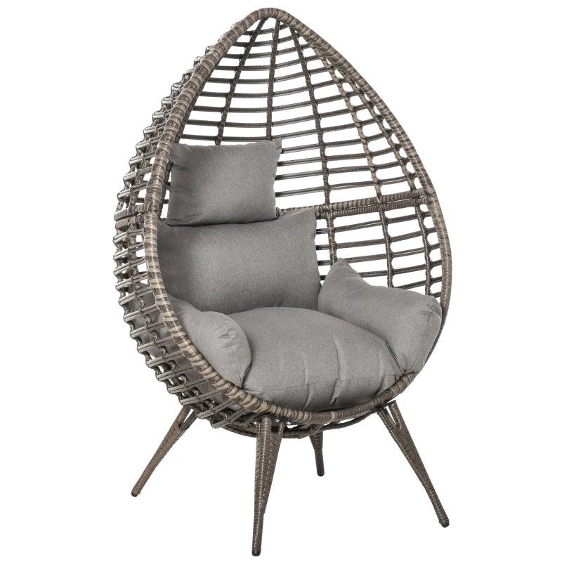 Teardrop Wicker Rattan Chair with Thick Cushions - Outdoor Egg Seat (Grey)