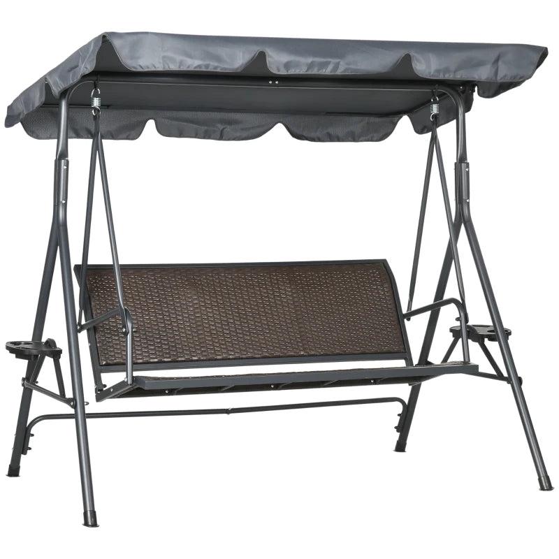 3 Seater Rattan Garden Swing Chair with Adjustable Canopy - Steel Frame