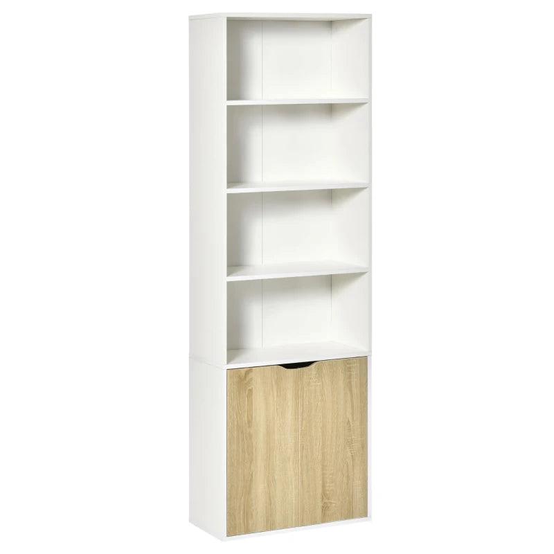 6-Tier Tall Bookcase with 4 Open Shelves & Double Door Storage Cabinet - Freestanding Display Rack for Living Room, Bedroom, Home Office - White & Oak