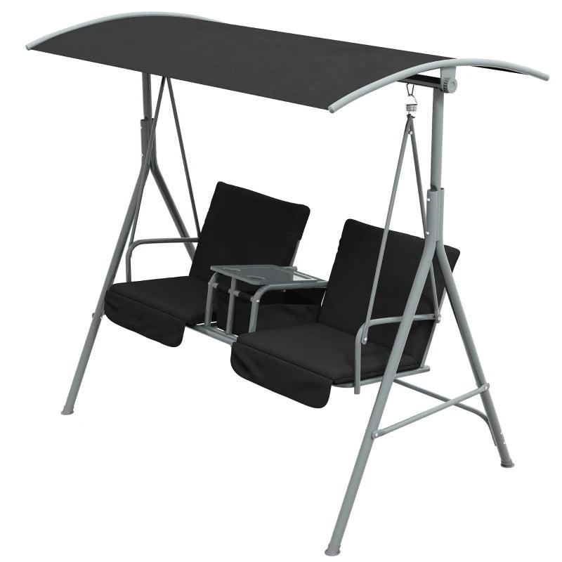 Black 2-Seater Patio Swing Chair with Tilting Canopy and Storage