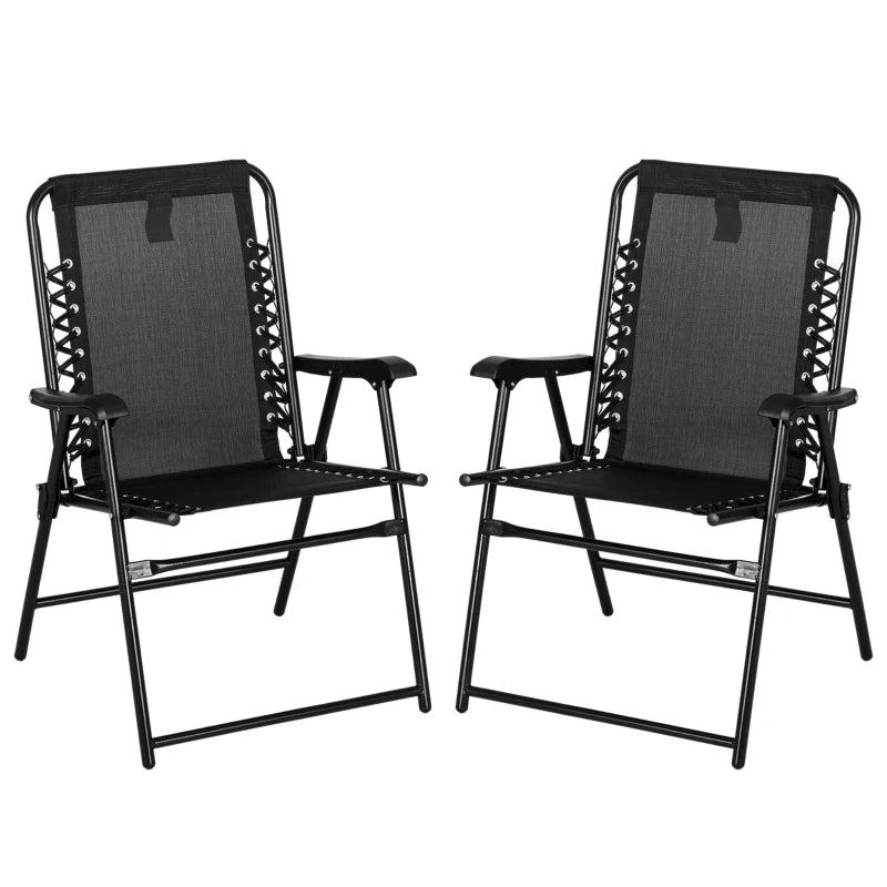 Black Folding Outdoor Patio Chairs Set, 2 Pcs, Armrests, Steel Frame