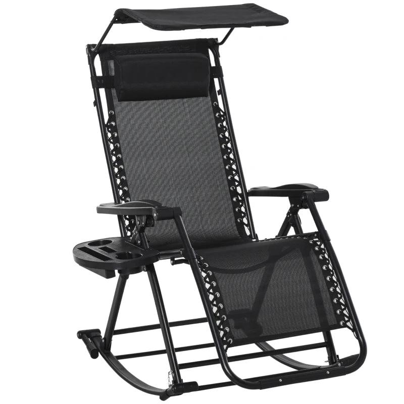Black Folding Rocking Sun Lounger with Headrest & Side Holder