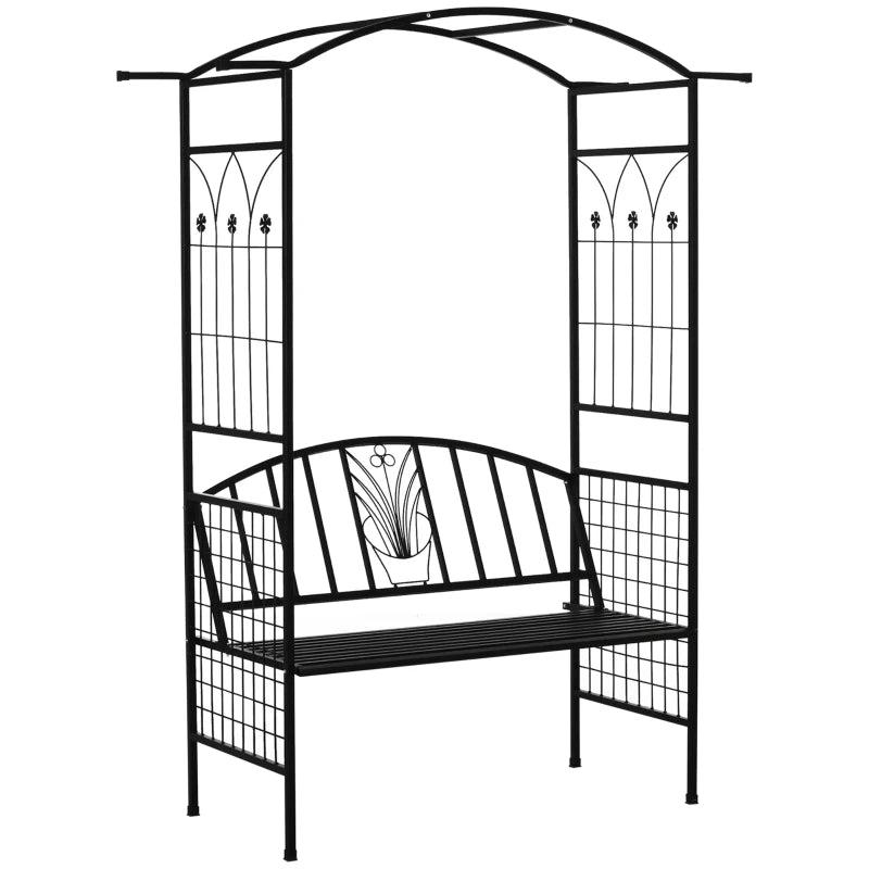 Black Steel Garden Arch with 2-Seater Bench for Flower Climbing