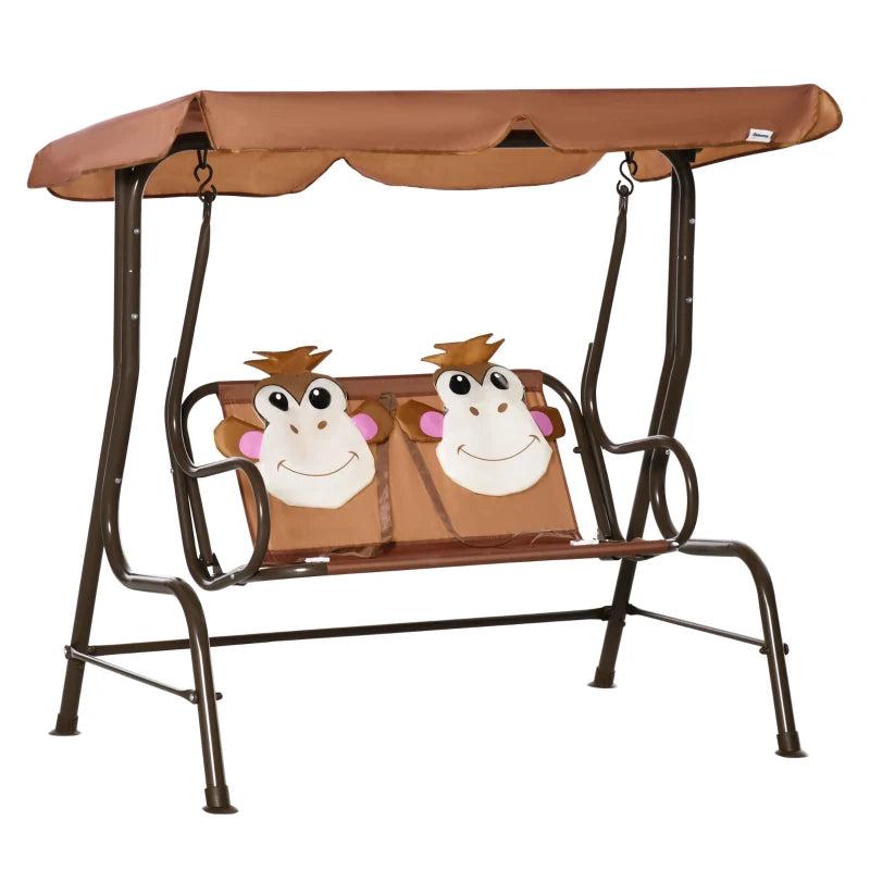 Brown Kids Garden Swing Seat with Adjustable Awning and Monkey Pattern