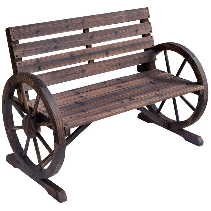 Rustic Brown 2-Seater Garden Bench with Wooden Cart Wagon Wheel