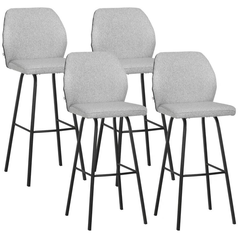 Set of 4 Linen-Touch Upholstered Bar Stools with Backs, Steel Legs - Light Grey Kitchen Chairs for Dining Room
