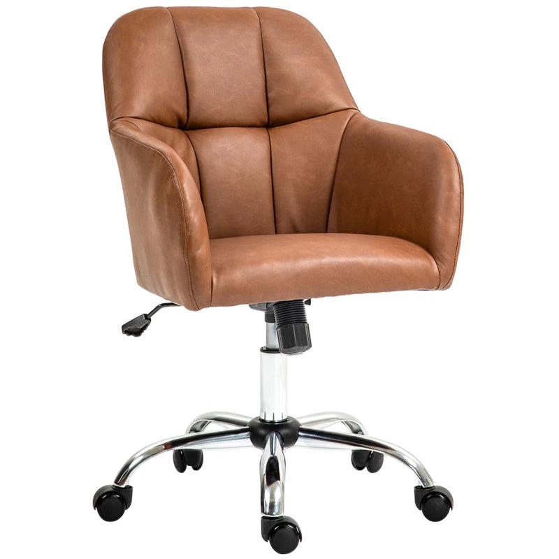 Stylish Brown Faux Leather Tub Office Chair with Wheels - Comfortable Ergonomic Design for Home or Office Use