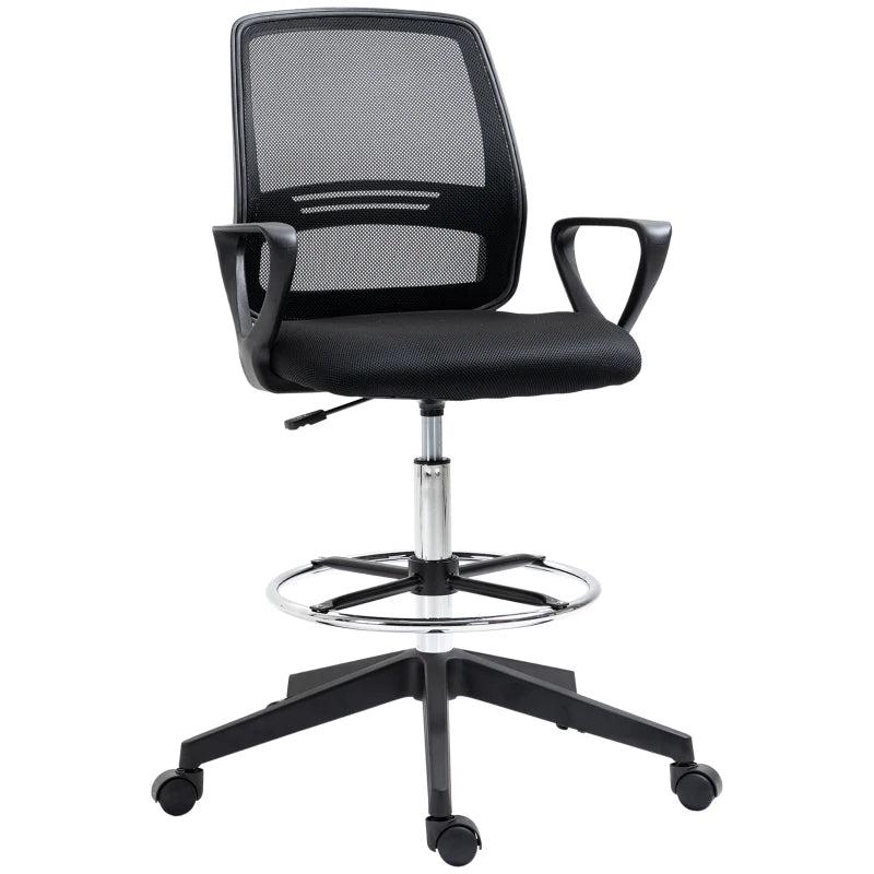 Vinsetto Ergonomic Drafting Chair - Adjustable Height, Mesh Back, Lumbar Support, Swivel Wheels, Ideal for Standing Desks - Black
