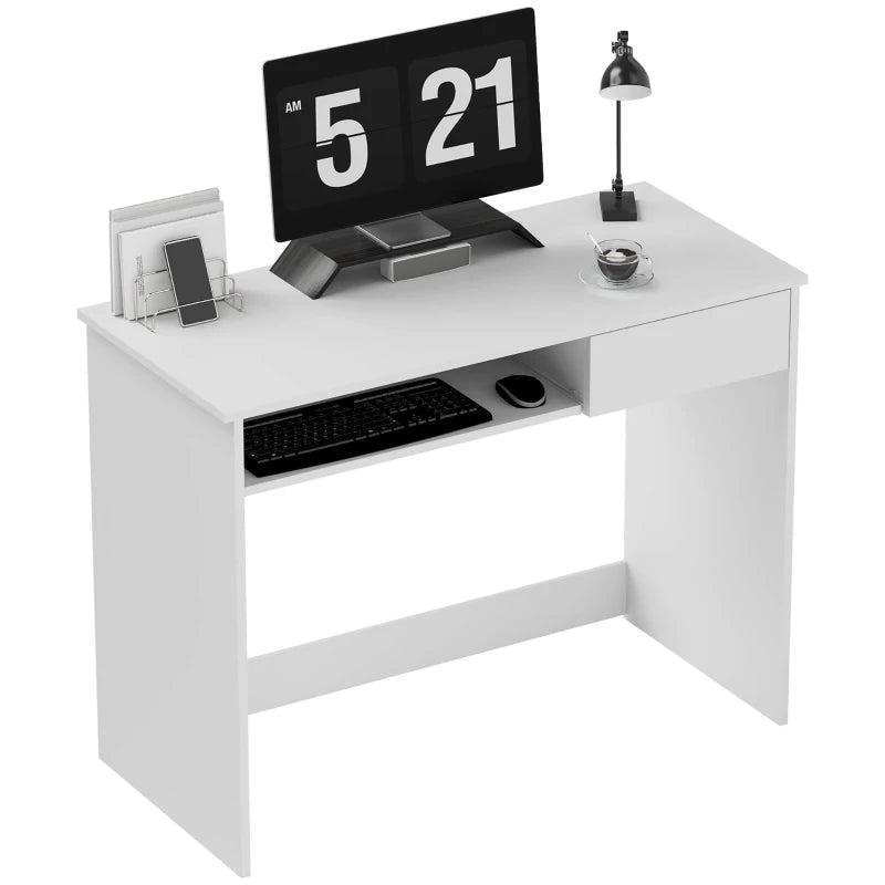 100cm Compact Computer Desk with Keyboard Tray & Drawer - Stylish Home Office Desk for Bedroom Study, White Finish