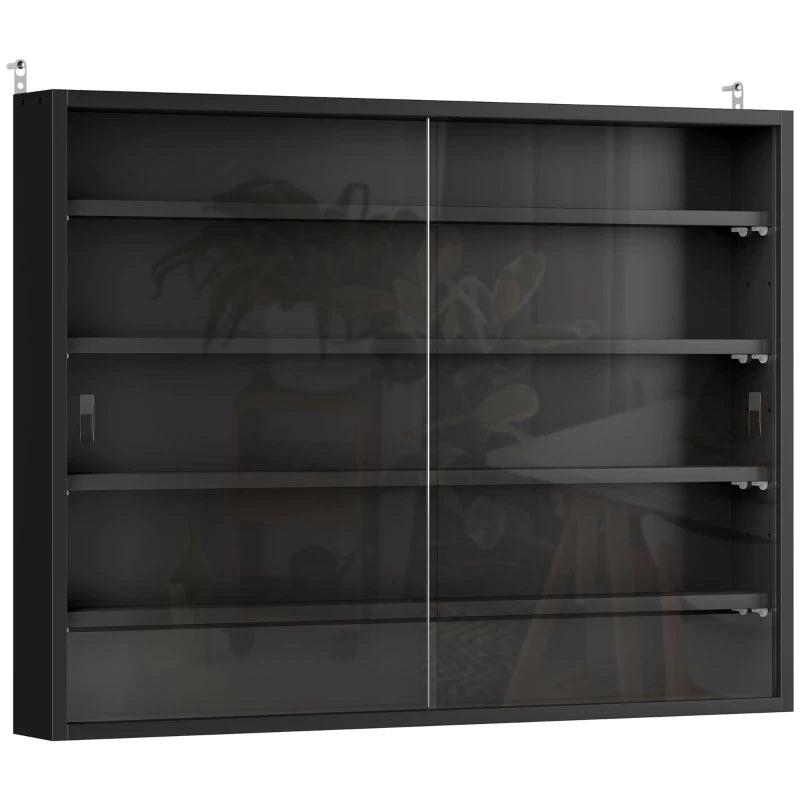 5-Tier Adjustable Wall Display Shelf Unit with Glass Doors - Black Cabinet for Home Office Ornaments, 60x80cm