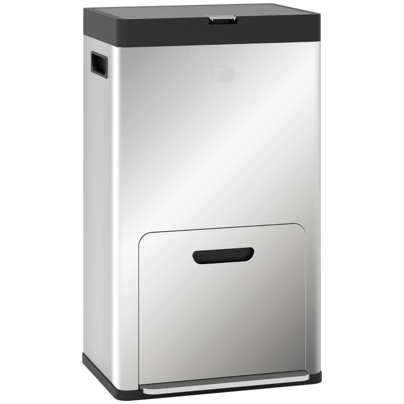56L Triple Compartment Stainless Steel Kitchen Bin with Deodoriser Holders & Wheels - Stylish Silver Tone Waste Solution