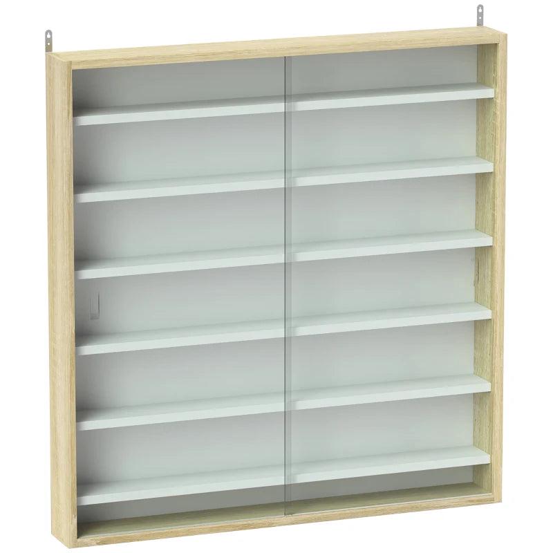 7-Tier Oak Wall Display Shelf Unit with Glass Doors & 6 Adjustable Shelves for Home Office Ornaments - 83x80cm