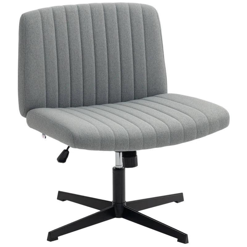 Armless Grey Office Chair - Linen Fabric, Criss Cross Legs, Wide Seat, Thick Padding, Adjustable Height, No Wheels