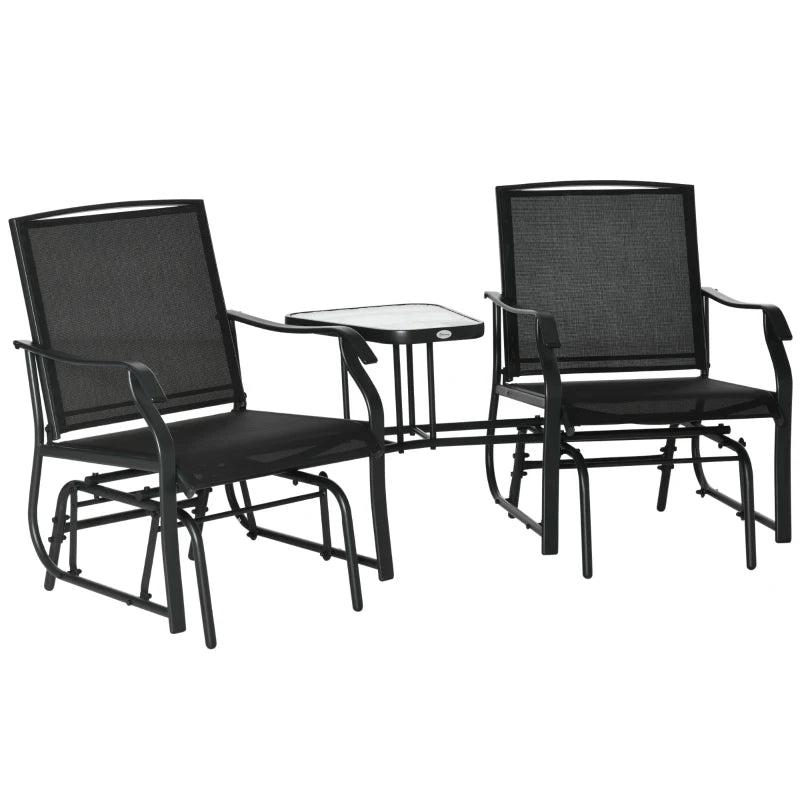 Black Outdoor Double Glider Rocking Chairs with Glass Top Table