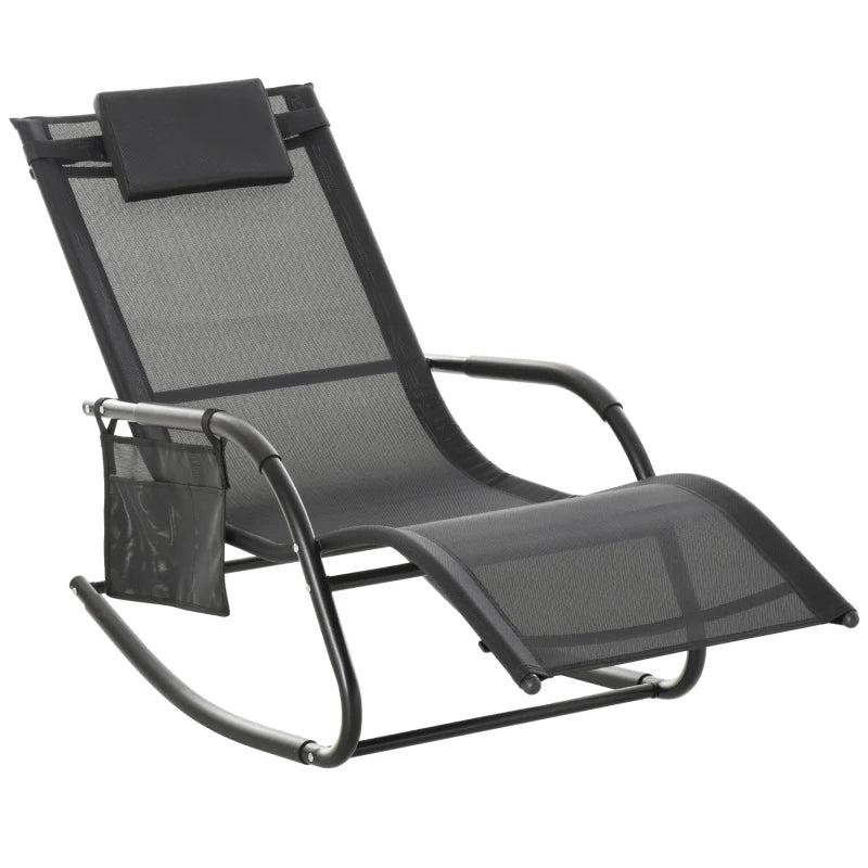 Black Outdoor Rocking Chair with Mesh Fabric, Headrest, Armrest, Storage Bag