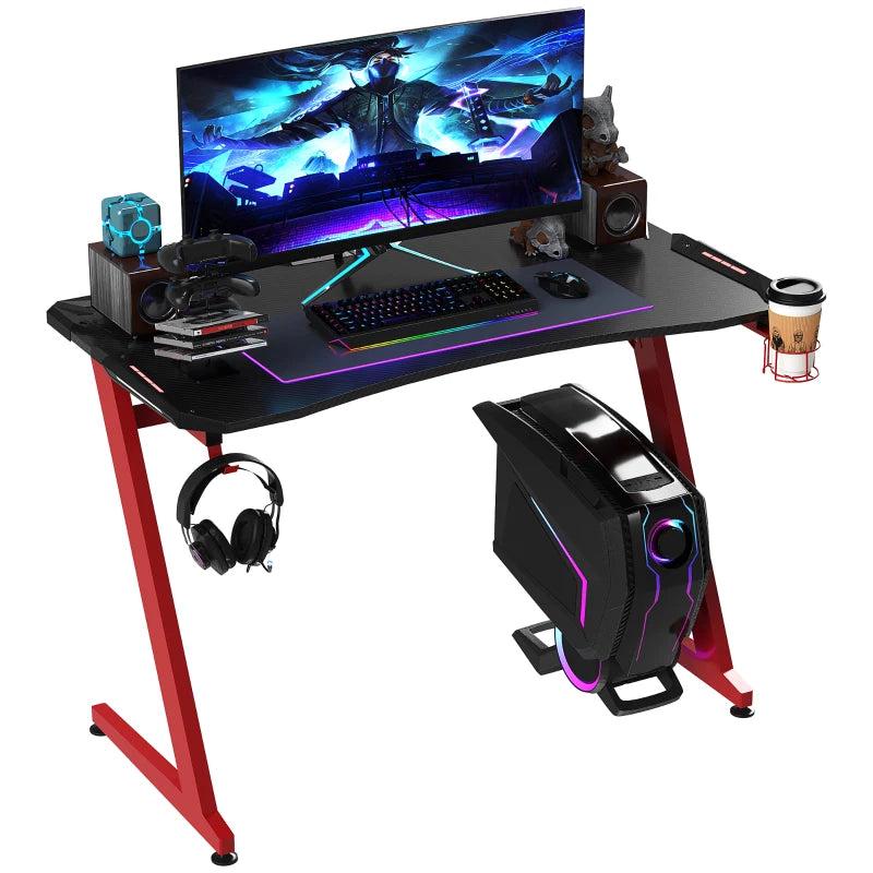 Carbon Fibre Gaming Desk 122x66 cm - Black & Red Gamer Workstation with Headphone Hook, Cup Holder & Gamepad Storage