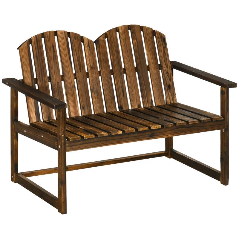 Carbonised Wooden Garden Bench for Two - Outdoor Loveseat Chair with Slatted Backrest and Armrests