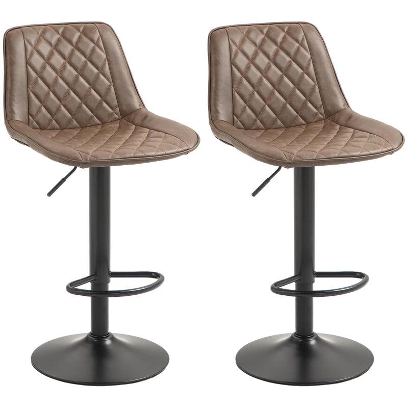 Retro Adjustable Bar Stools Set of 2 - Swivel PU Leather Kitchen Chairs with Back, Footrest & Steel Base - Brown