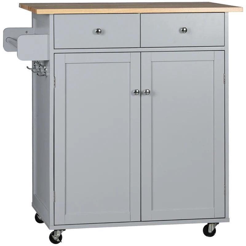 Rolling Kitchen Island on Wheels - Utility Serving Cart with Rubber Wood Top, Towel Rack, Hooks & Storage Drawers in Grey