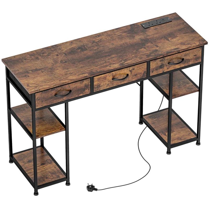 Rustic 120cm Computer Desk with Power Outlets, Fabric Drawers & Storage Shelves - Stylish Office Study Table in Brown