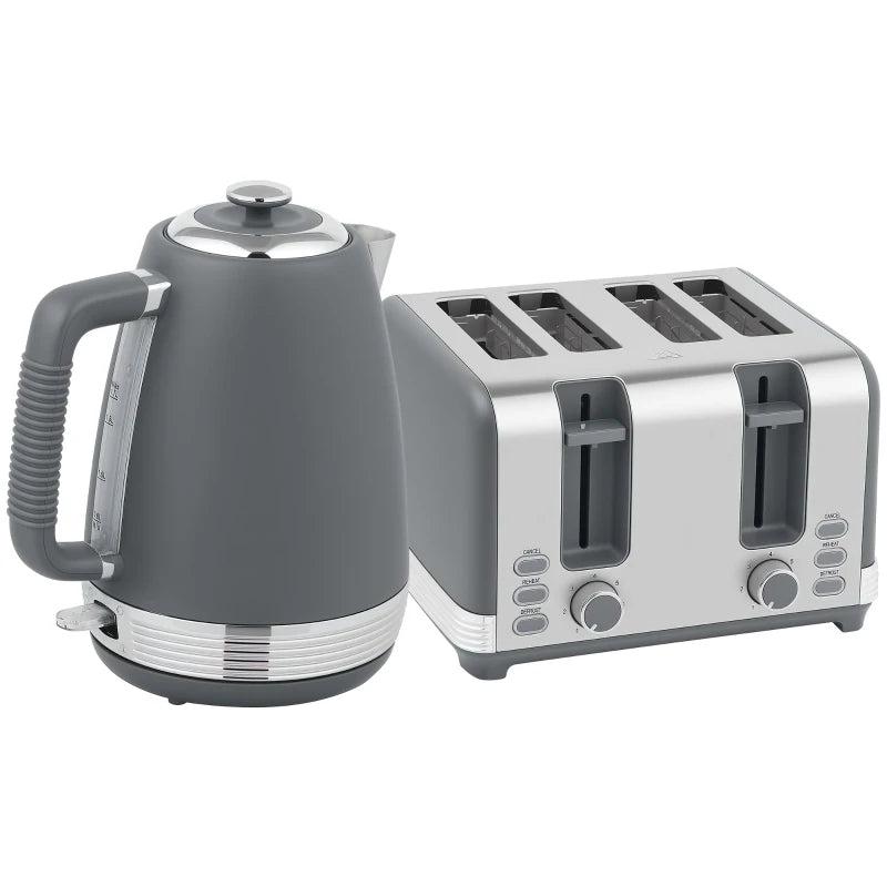 Stainless Steel Kettle & Toaster Set - 1.7L Rapid Boil Kettle with Strix Thermostat & 4-Slice Toaster, Grey/Silver
