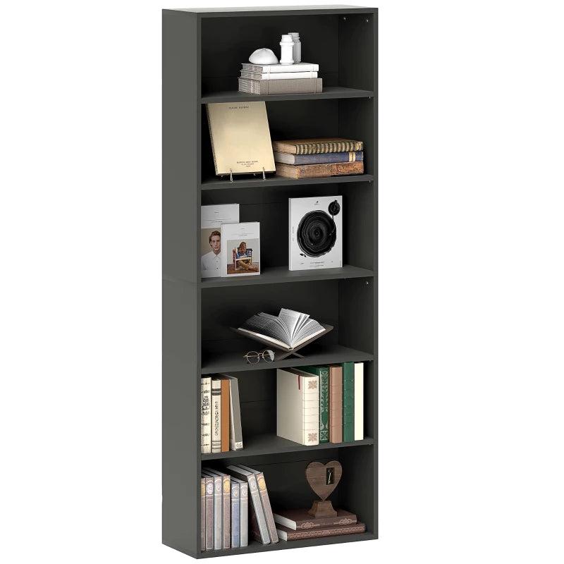 Stylish Black Six Shelf Bookcase - Modern Storage Solution for Home or Office, Perfect for Books and Decor