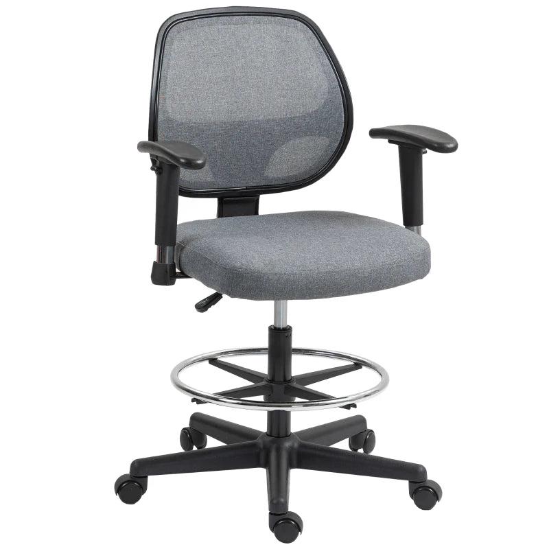 Vinsetto Ergonomic Drafting Chair - Adjustable Fabric Office Stool with Height Armrest & Foot Ring, 360 Swivel, Grey