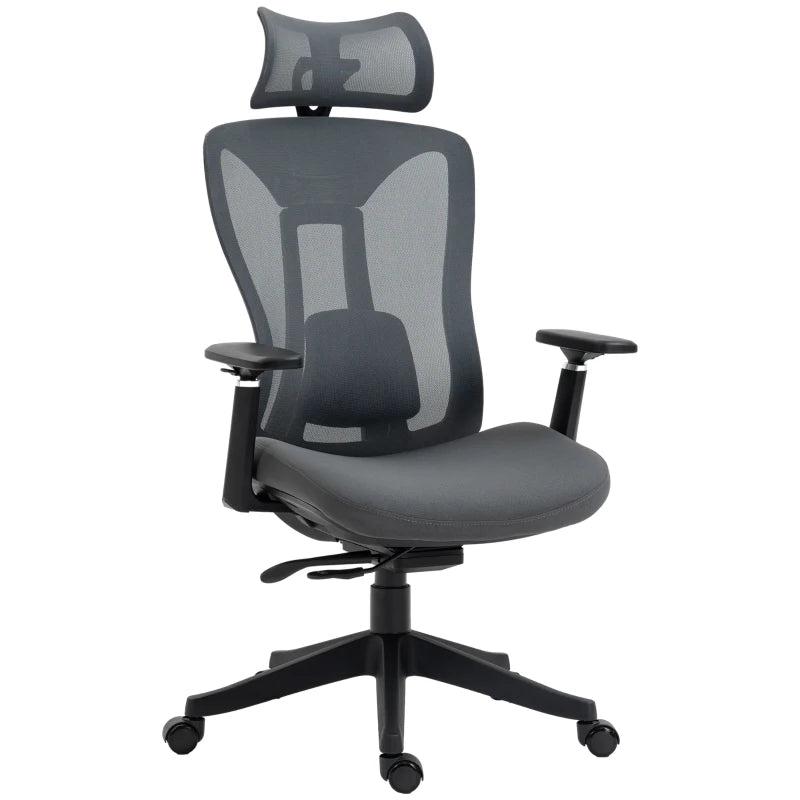 Vinsetto Ergonomic Mesh Office Chair with Adjustable Headrest, Lumbar Support, 135 Recline & 3D Armrests - Grey