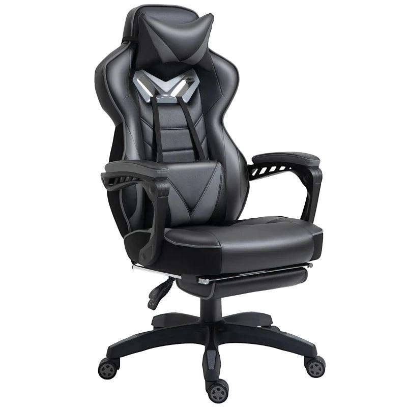 Vinsetto Grey Gaming Chair with Lumbar Support & Footrest - PU Leather Racing Desk Chair with Headrest & Swivel Wheels