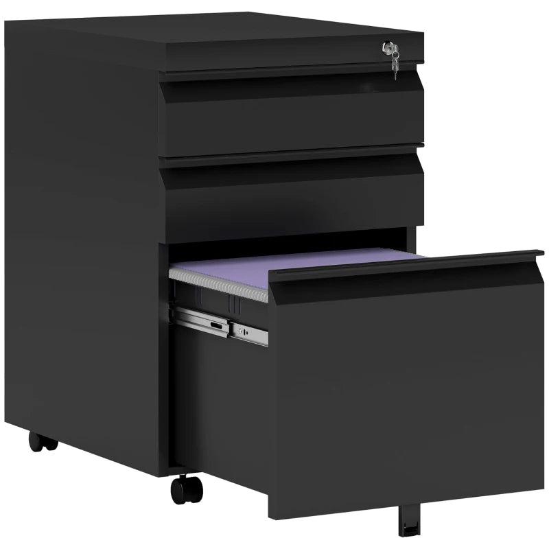 Vinsetto Mobile 3 Drawer Metal Filing Cabinet - Anti-Tilt Design for Letter, A4, Legal Size - Black Office Storage