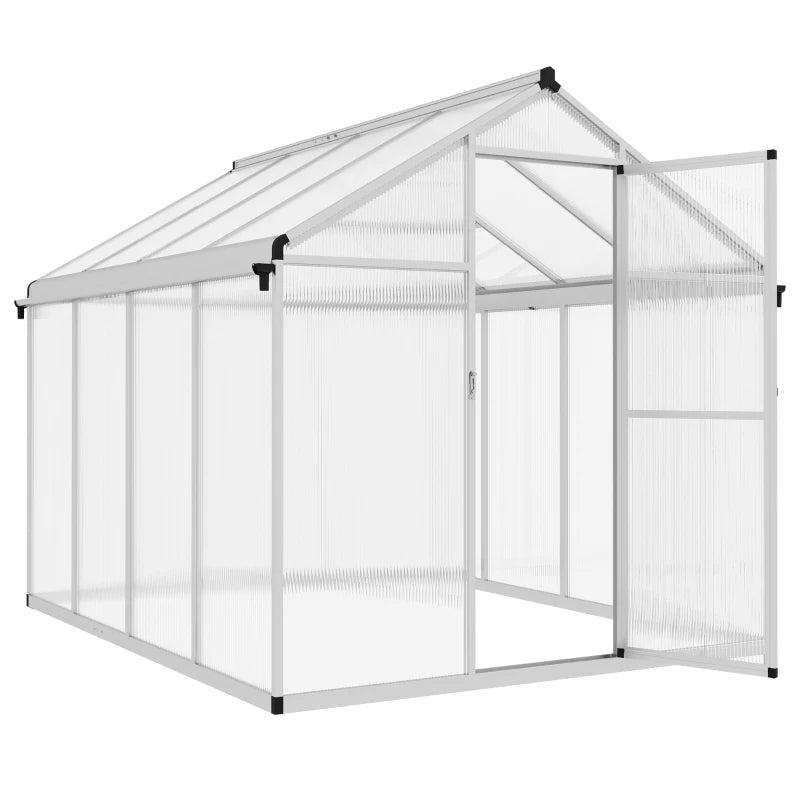 8ft x 6ft Aluminium Frame Greenhouse - 4mm Thick Clear Polycarbonate Panels With Drainage