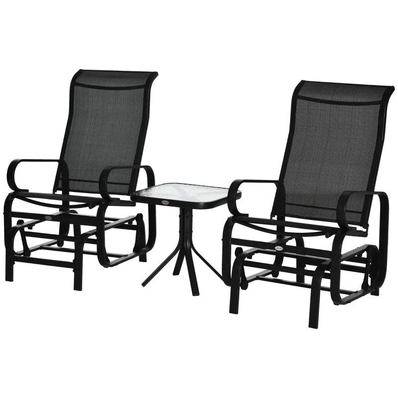 Black 3-Piece Metal Frame Gliding Chair Set with Glass Top Coffee Table