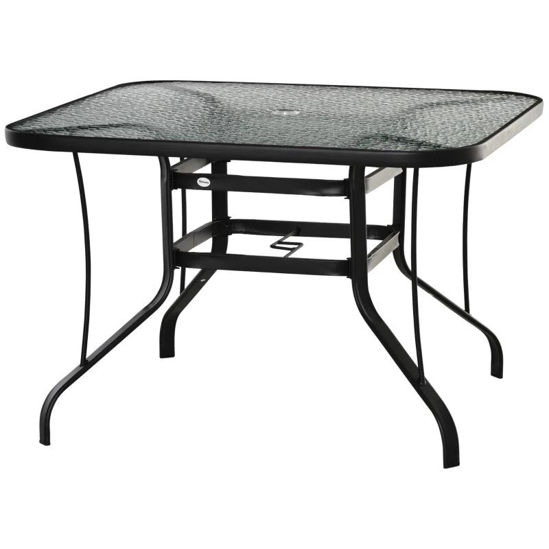 Black Square Outdoor Dining Table with Parasol Hole, Tempered Glass Top, Steel Frame