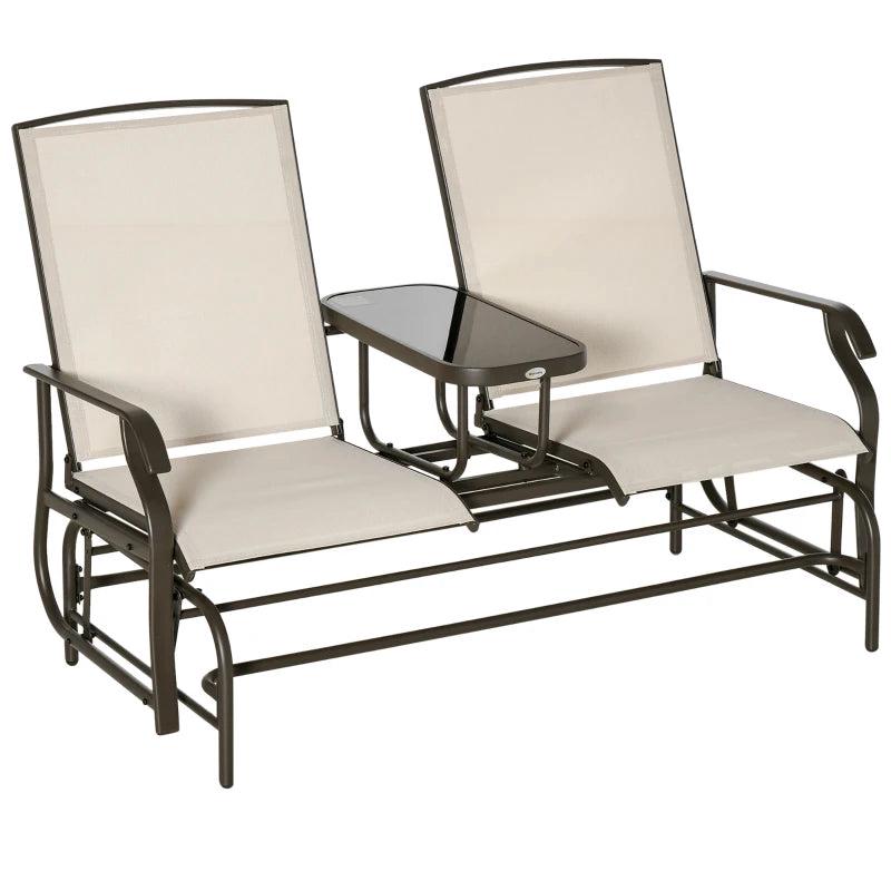 Brown/Khaki 2-Seater Metal Garden Glider Loveseat with Glass Top Table